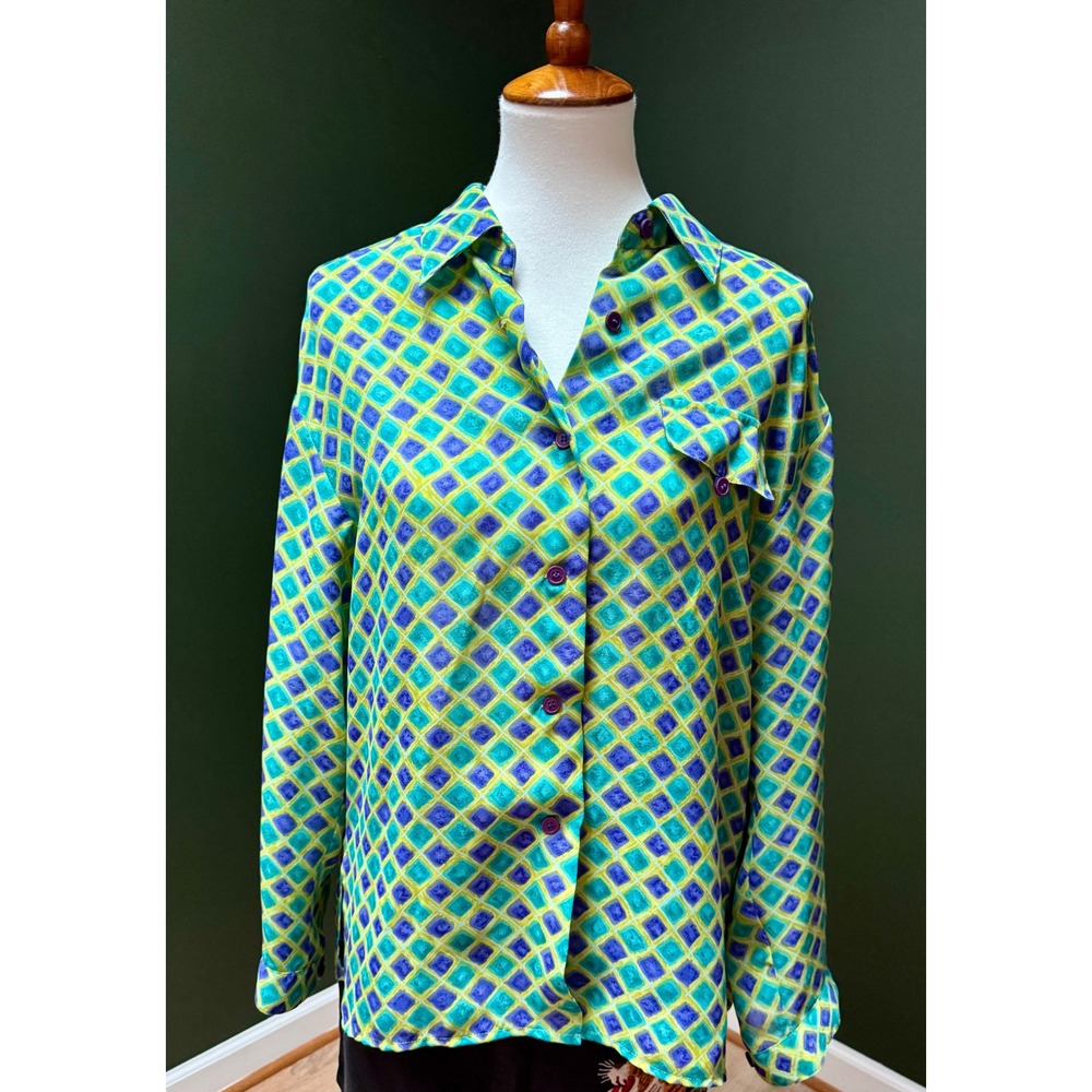 Vintage Geometric Print Button Down Shirt Long Sleeve Top Blouse